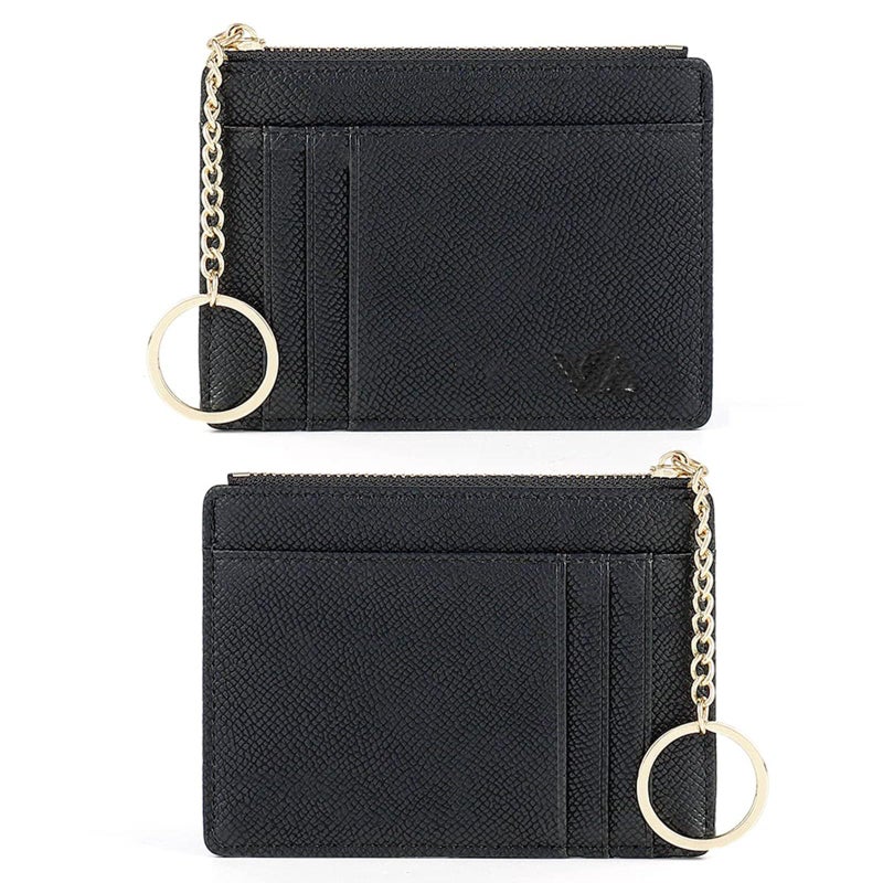 Valentoria Slim RFID Blocking Card Holder Small Pocket Wallet Keychian Zipper Coin Purse Minimalist Leather Cash & Coin & Cards Case for Women Men (Black) - Image 1